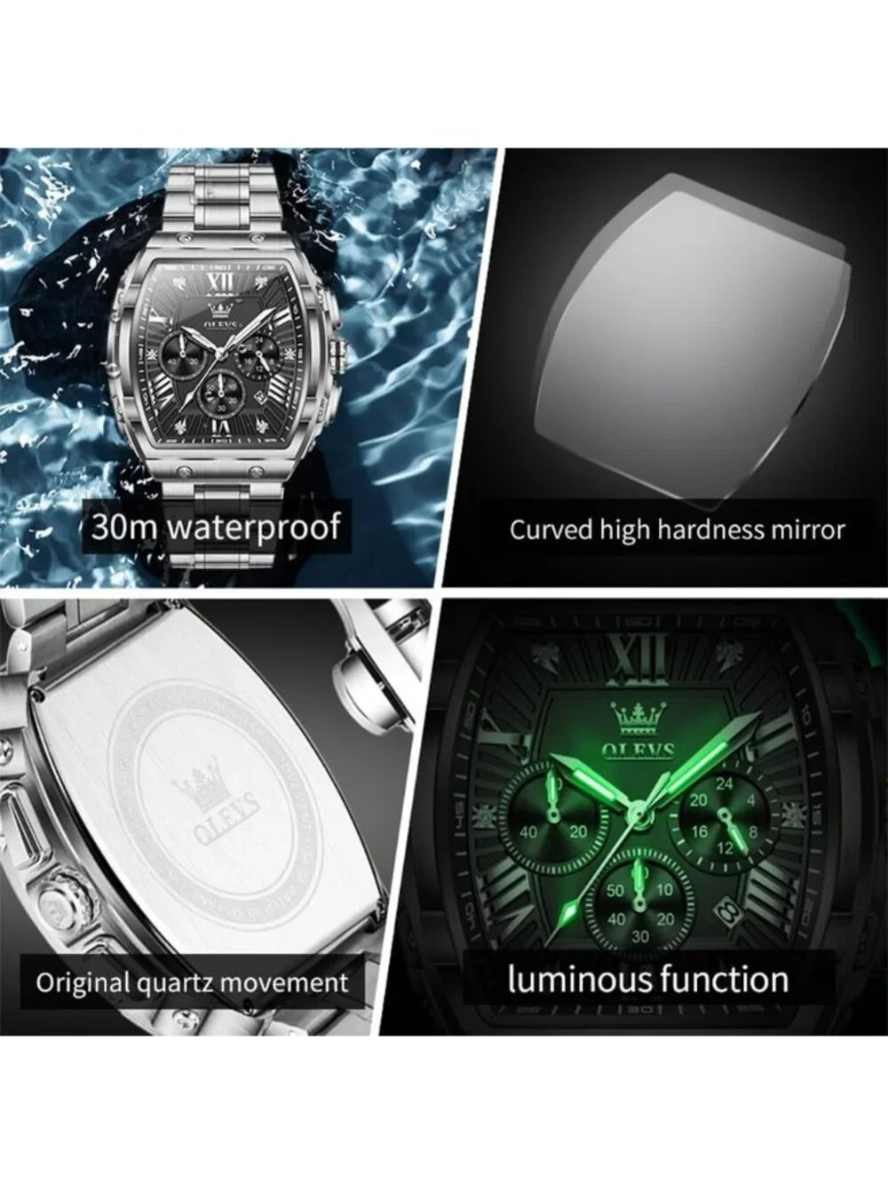 Men's Silver Black Chronograph Rectangle Stainless Steel Luminous Classic Watch